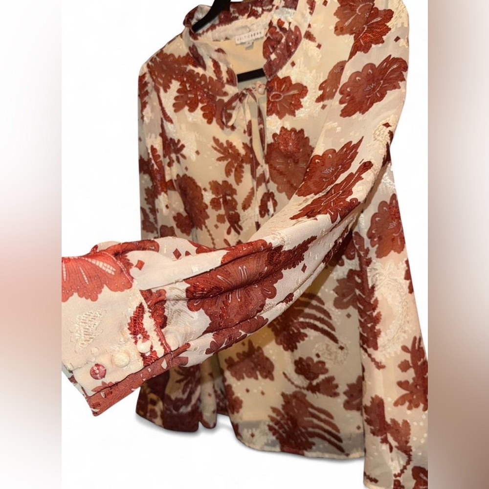 Baltic Born Women Large Reddish Brown Metallic Floral Blouse Ruffle Collar Sheer - Picture 6 of 9